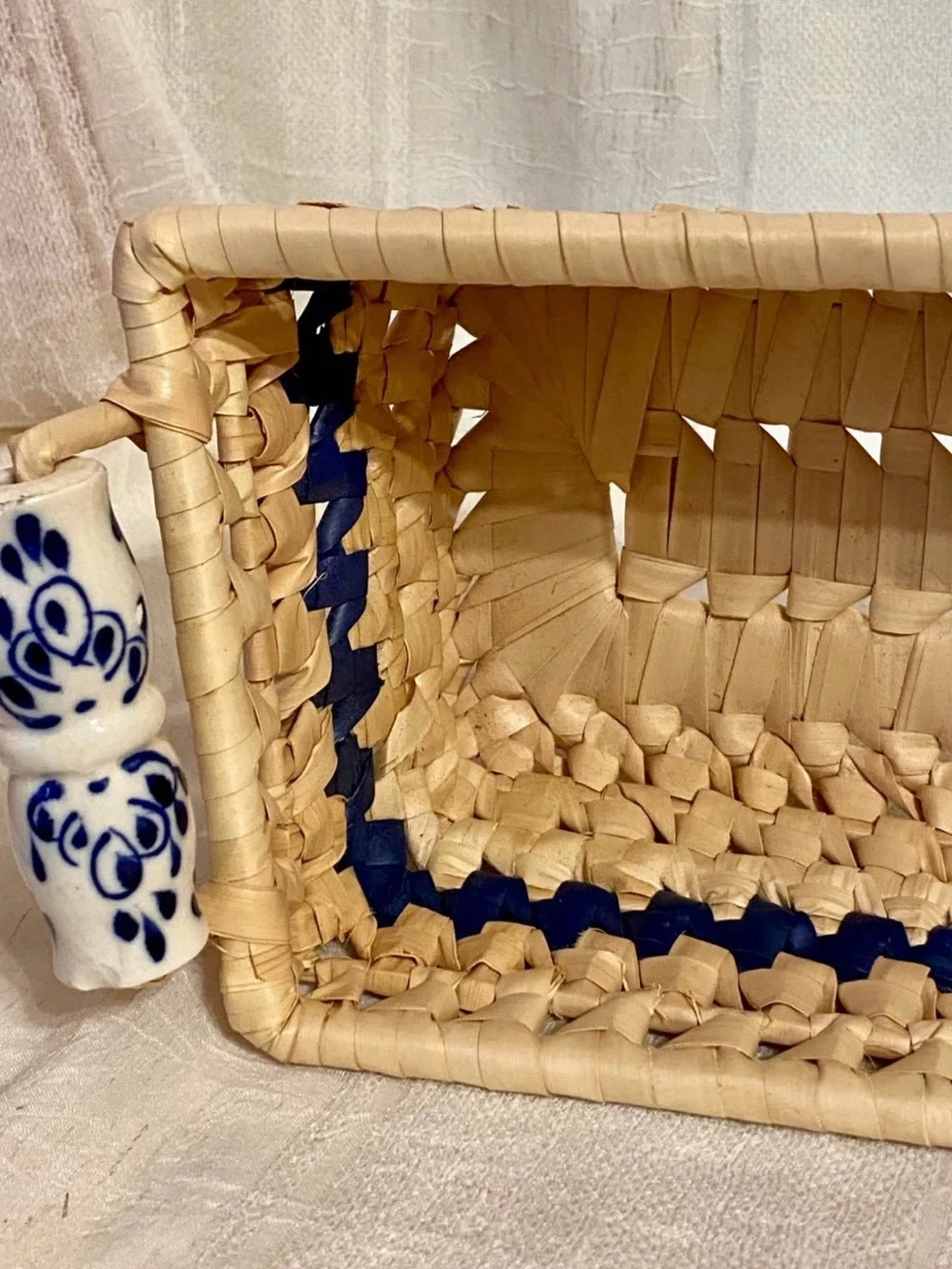 Title Vintage Blue White Chinoiserie Woven Bread Basket Ceramic Handles